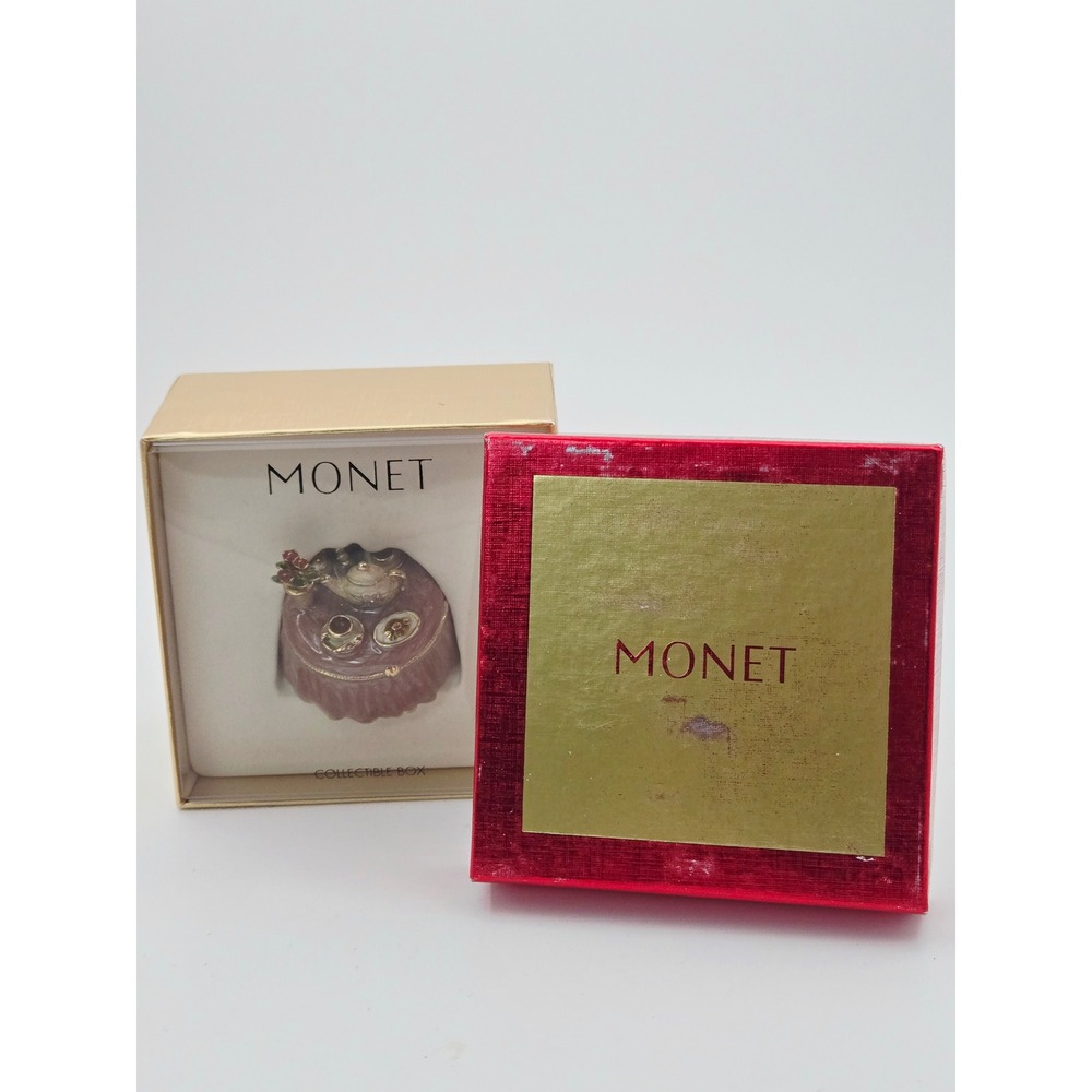 Monet Enameled Tea Party Trinket Box Miniature Teapot Table Roses MNRUO204